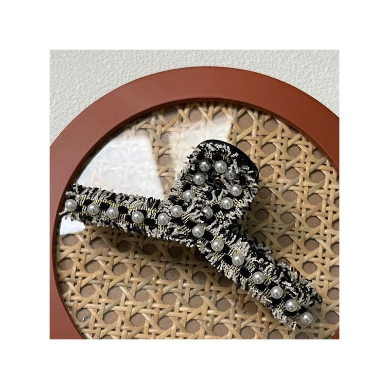 Elegant Tweed Pearl Hair Claw Clip