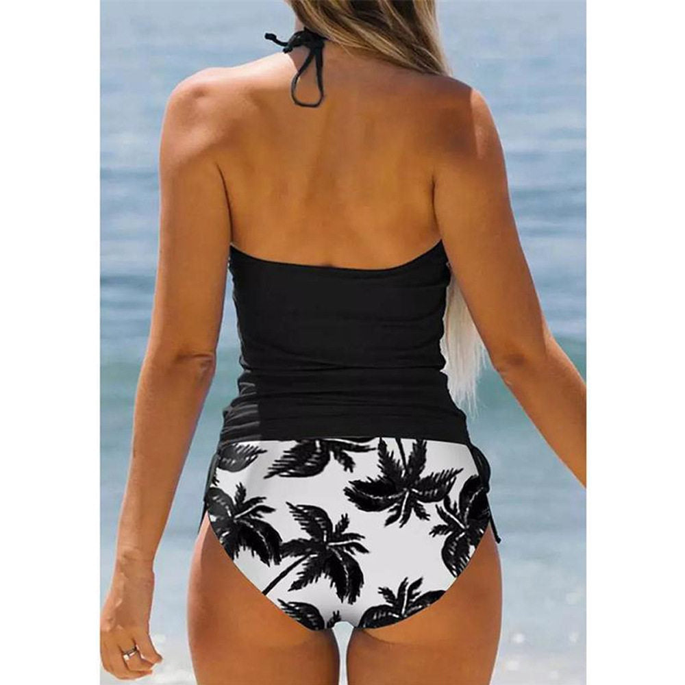 Women's Bikini Set With Coconut Print, Halter Neck, High-Waisted