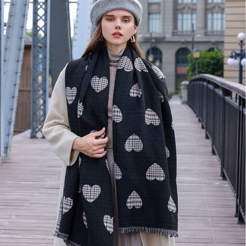 Heart Printed Plaid Tasseled Thick Warm Shawl Scarf
