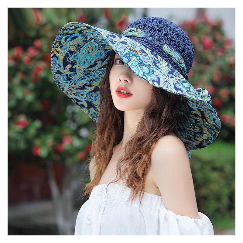 Sun Hat With Printed Patchwork Straw Design