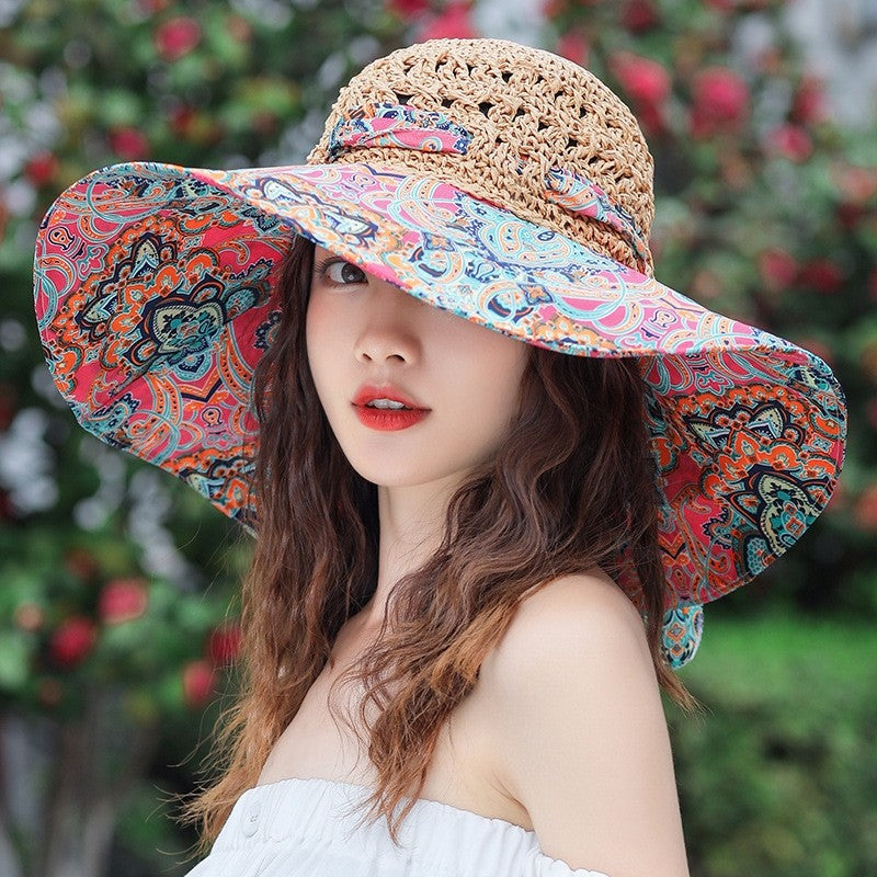 Sun Hat With Printed Patchwork Straw Design