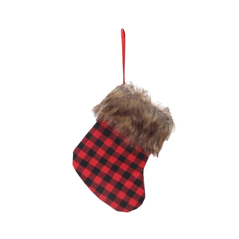 Contrast Color Plaid Plush Small Christmas Sock Gift Bag