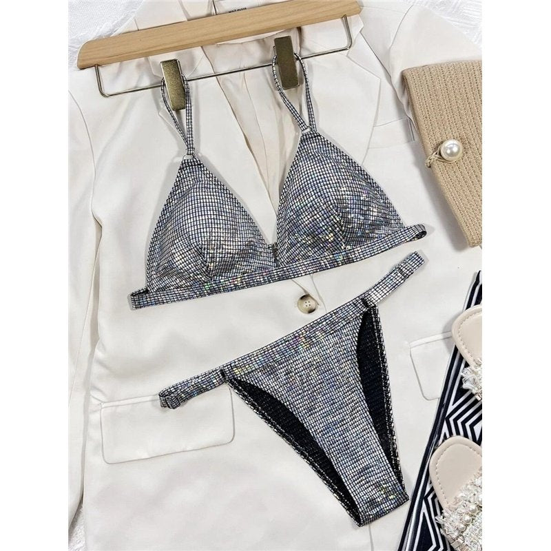 New Bikini Swimsuit Solid Color Sequin Women's Two Piece