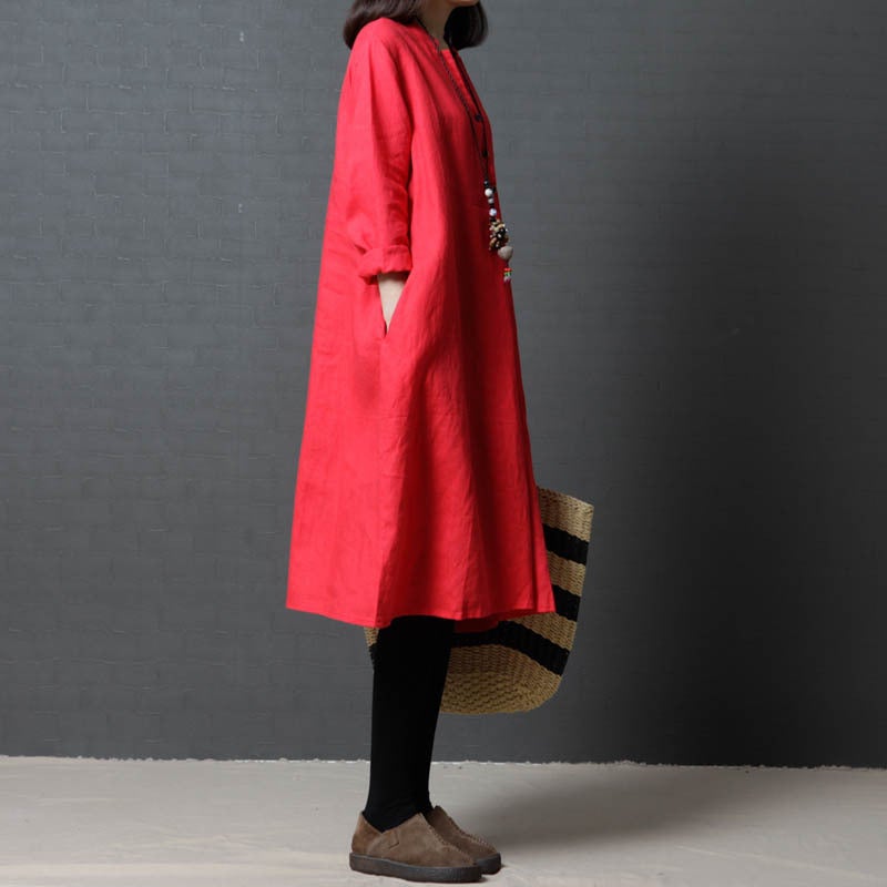 Vintage Linen Women V Neck Long Shirt Dresses-Dresses-Red-L-Free Shipping at meselling99