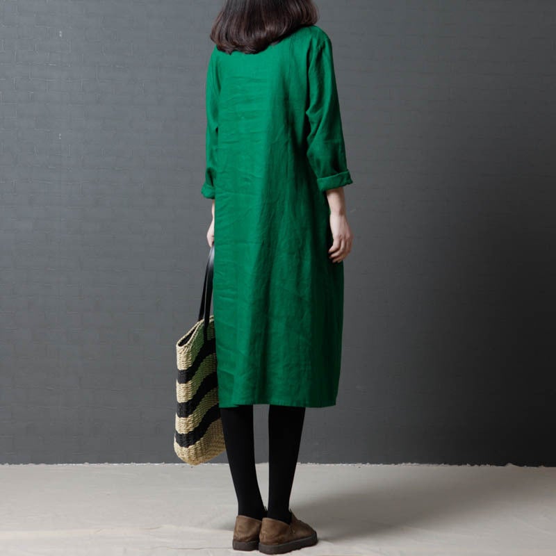 Vintage Linen Women V Neck Long Shirt Dresses-Dresses-Free Shipping at meselling99