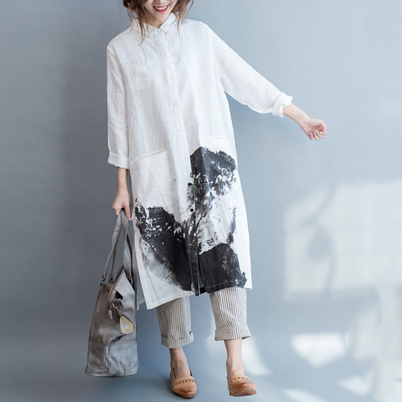 Casual Painting Print Linen Long Sleeves Shirts-Shirts & Tops-White-One Size-Free Shipping at meselling99