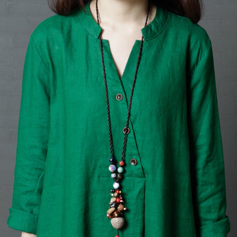 Vintage Linen Women V Neck Long Shirt Dresses-Dresses-Free Shipping at meselling99