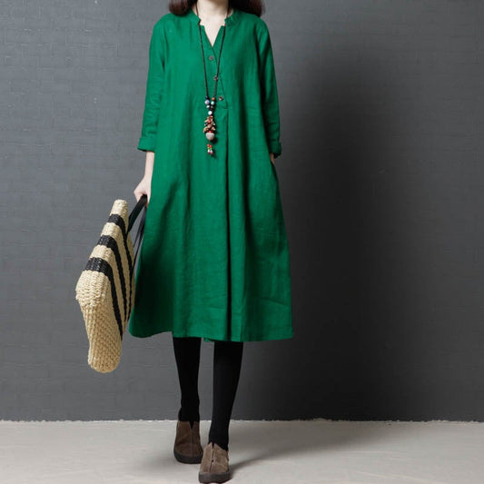 Vintage Linen Women V Neck Long Shirt Dresses-Dresses-Free Shipping at meselling99