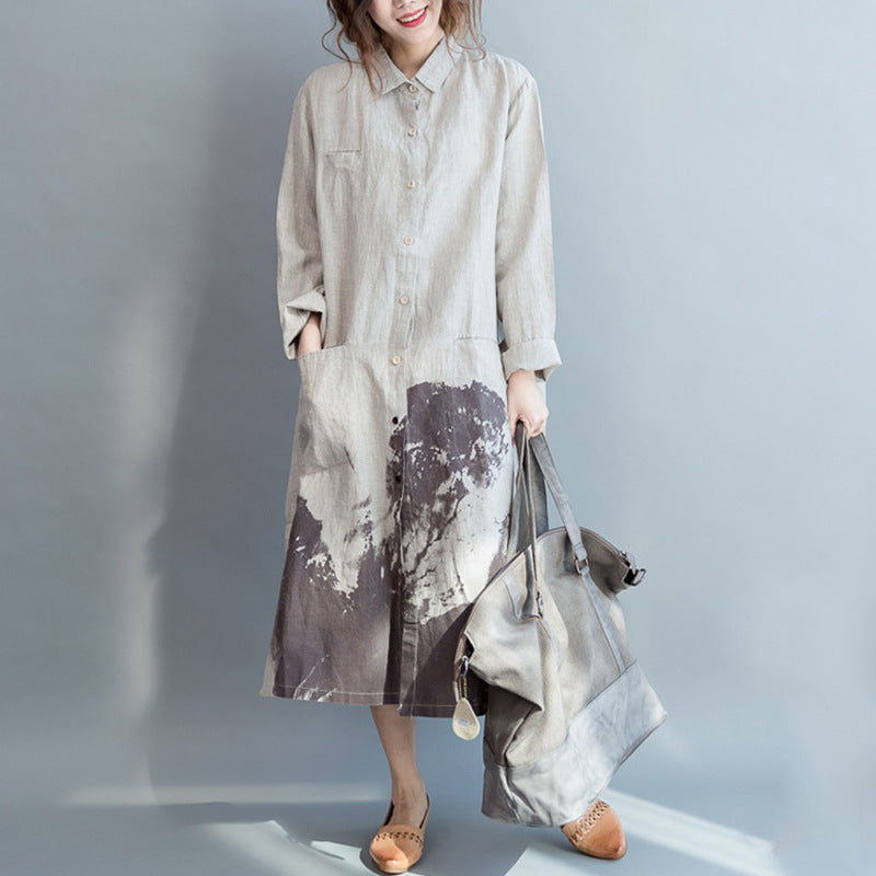 Casual Painting Print Linen Long Sleeves Shirts-Shirts & Tops-Off the White-One Size-Free Shipping at meselling99