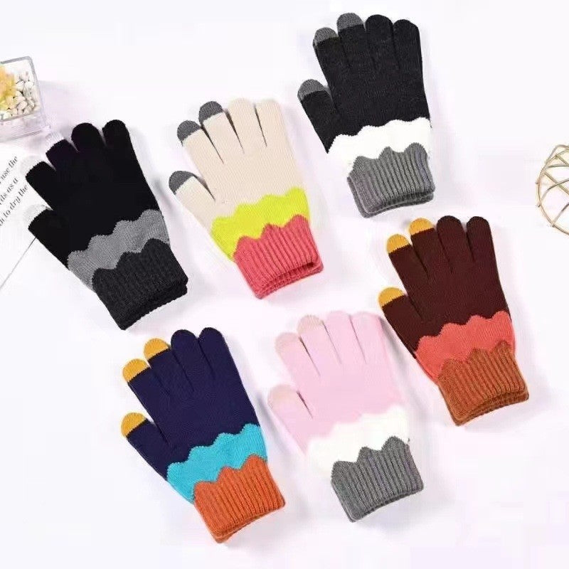Cute Touch Screen Contrast Color Thick Knitted Five-Finger Gloves