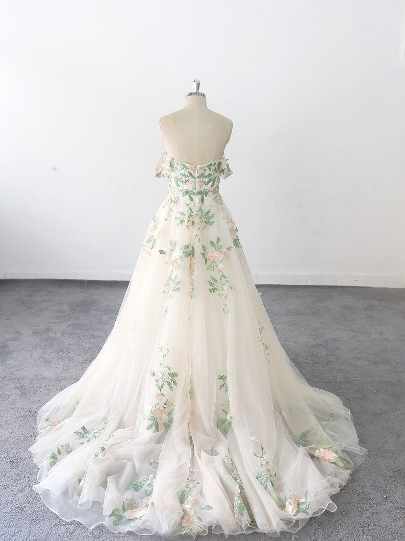 Romantic Forest Fairy Green Colorful Lace Wedding Dresses