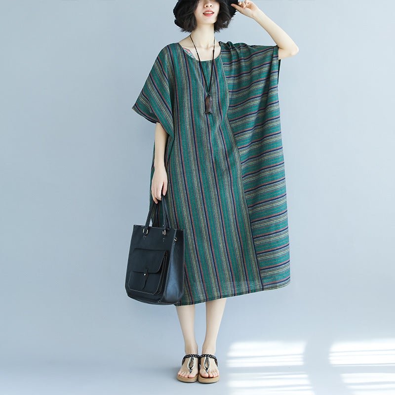 Vintage Green Linen Striped Asymmetrical Short Dresses-Dresses-Green-One Size-Free Shipping at meselling99