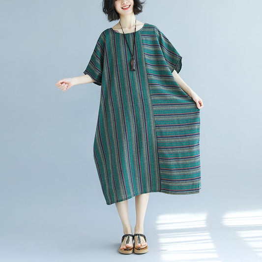 Vintage Green Linen Striped Asymmetrical Short Dresses-Dresses-Green-One Size-Free Shipping at meselling99