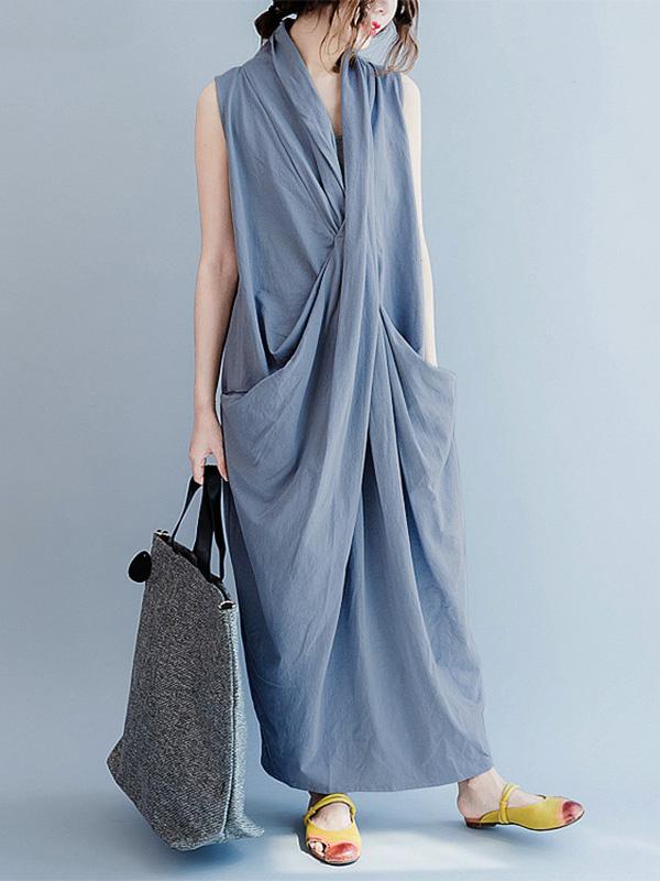 Loose Gray-blue Cropped Pockets Long Dress-Maxi Dress-GRAY BLUE-FREE SIZE-Free Shipping at meselling99