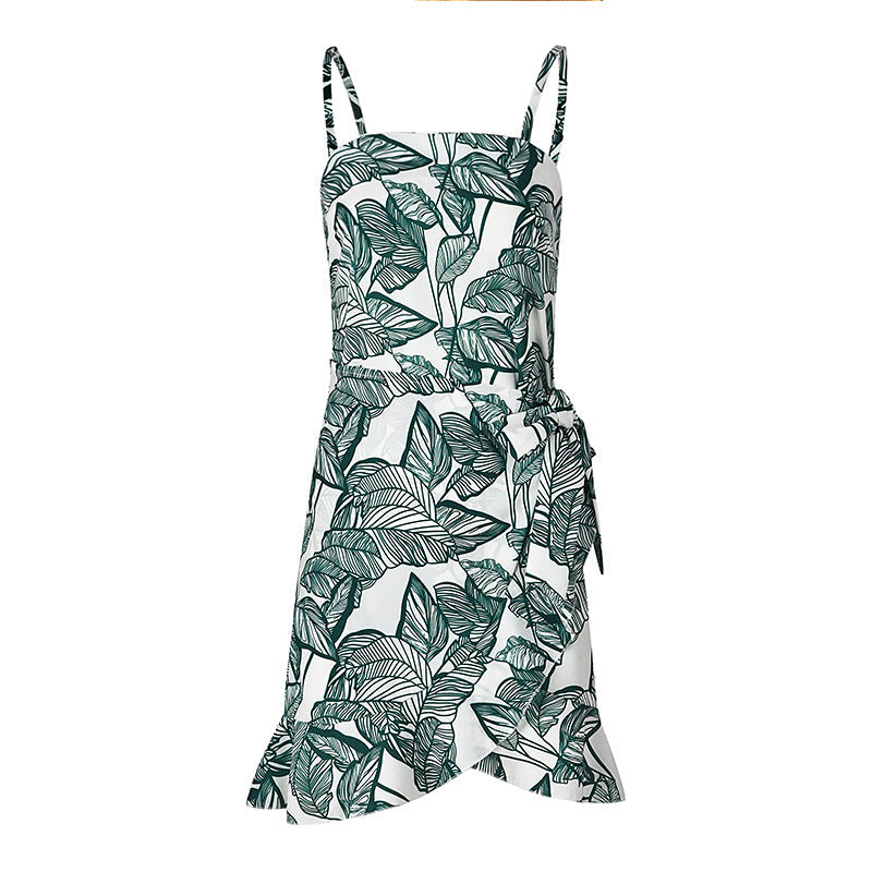 Women Leaf Print Chiffon Summer Irregular Beach Short Dresses