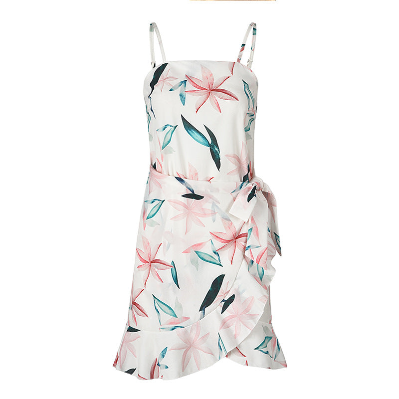 Women Leaf Print Chiffon Summer Irregular Beach Short Dresses