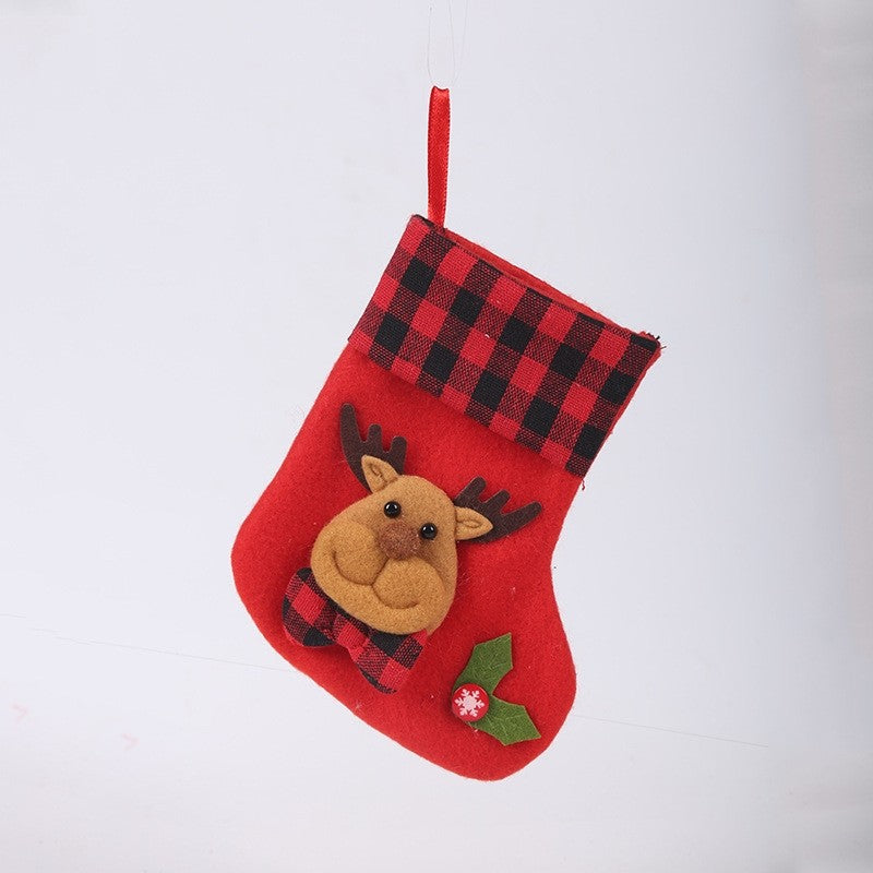 Red Black Plaid Patchwork Cute Cartoon Christmas Socks Gift Bag