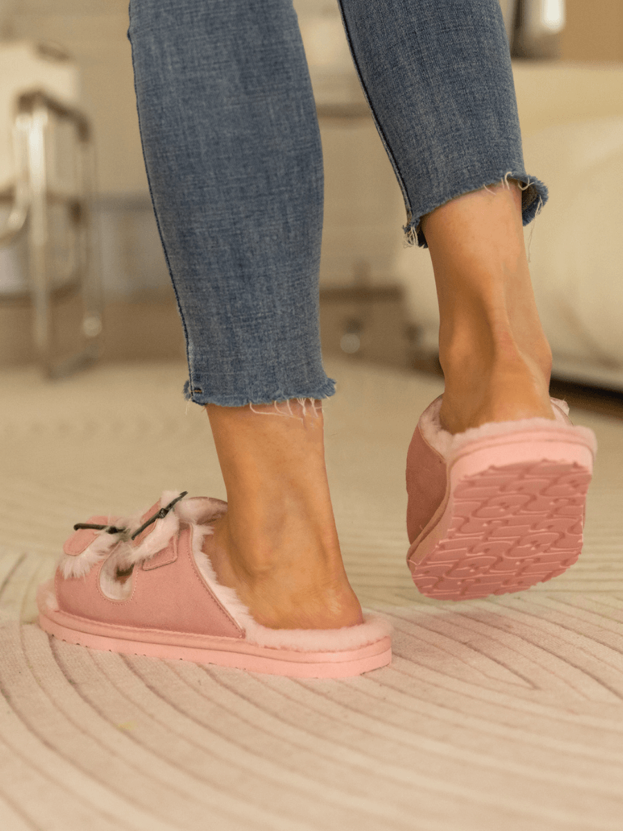 Woolen Lined Double Strap Suede Sandal - Pink