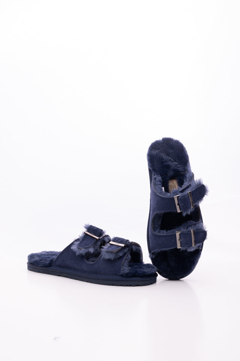 Woolen Lined Double Strap Suede Sandal - Navy