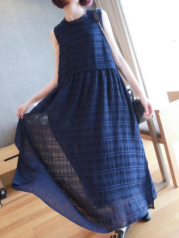 Meselling99 Original Solid Plaid Sleeveless Dress-Maxi Dress-BLUE-FREE SIZE-Free Shipping at meselling99
