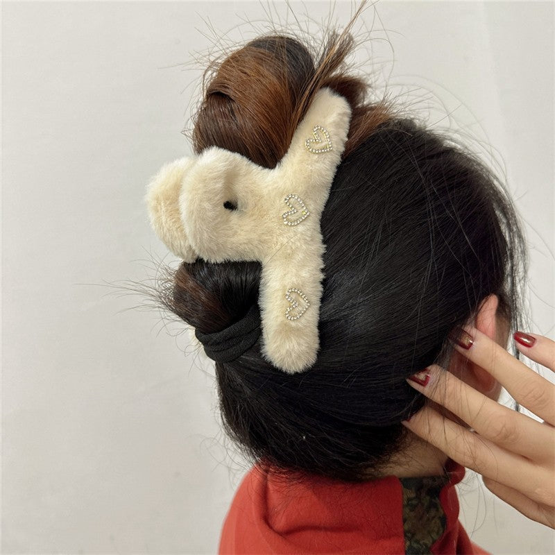 Rhinestone Heart Furry Hair Claw Clip
