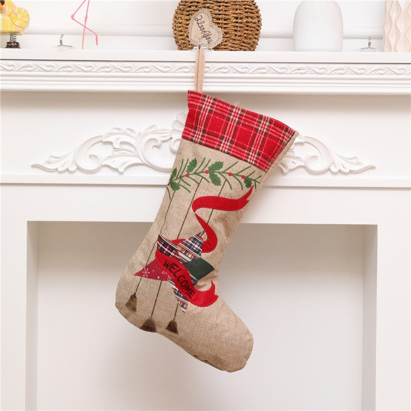 Large Embroidered Burlap Sock Gift Bag Christmas Decoration