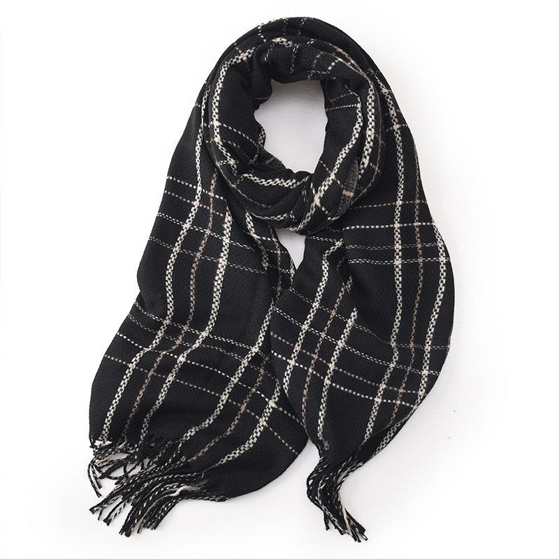 Contrast Color Plaid Tassel Thickened Dourble-Side Warm Shawl Scarf