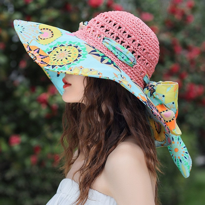 Sun Hat With Printed Patchwork Straw Design