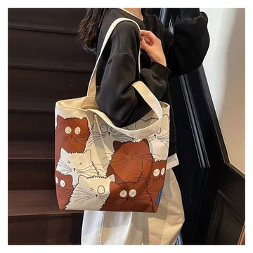 Large Capacity Canvas Shoulder Bag With Cute Cartoon Print