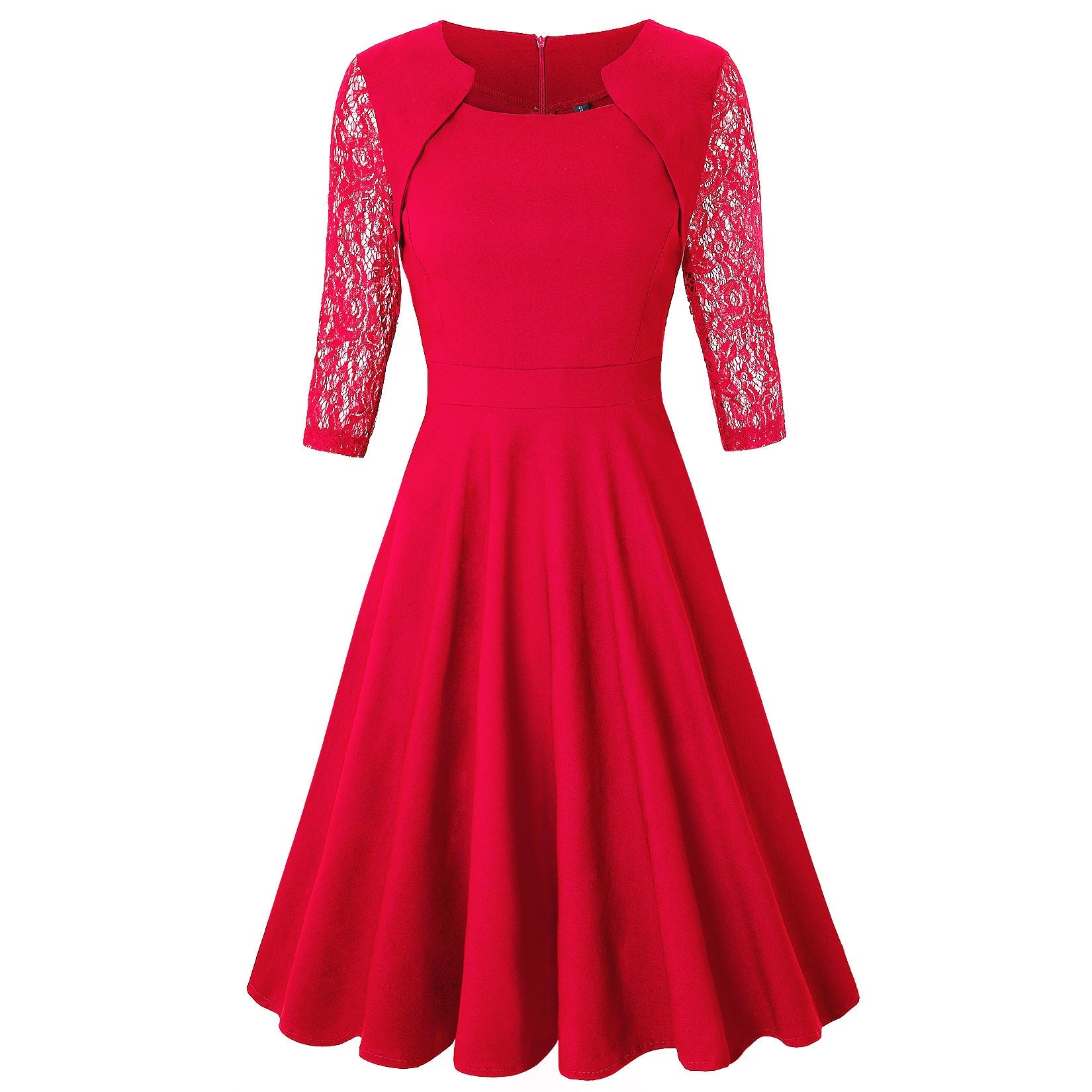 Elegant Vintage Square Neck Lace Short Dresses-Red-S-Free Shipping at meselling99