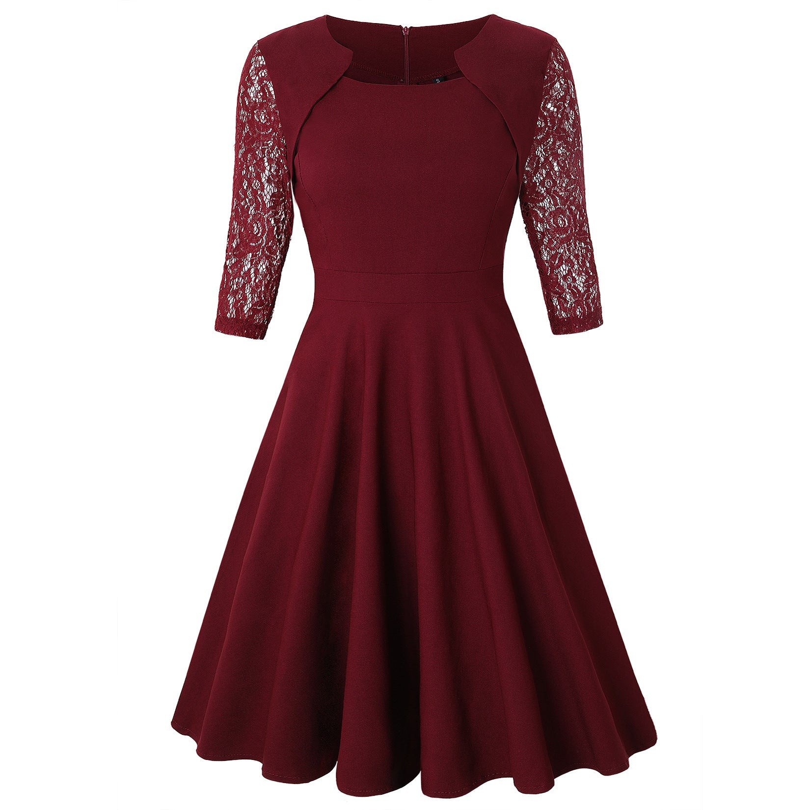 Elegant Vintage Square Neck Lace Short Dresses-Wine Red-S-Free Shipping at meselling99
