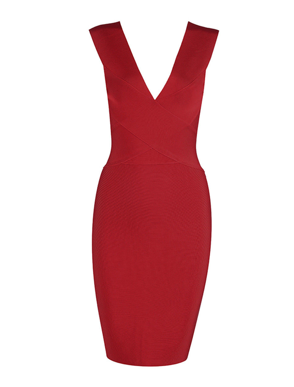 Sexy Deep V Neck Bandage Sheath Sleeveless Party Dresses-Dresses-Free Shipping at meselling99