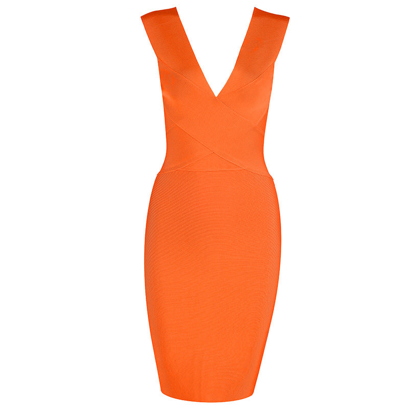 Sexy Deep V Neck Bandage Sheath Sleeveless Party Dresses-Dresses-Orange-XS-Free Shipping at meselling99