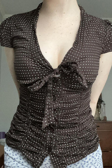 Button Tie Waist Dot Print Blouse