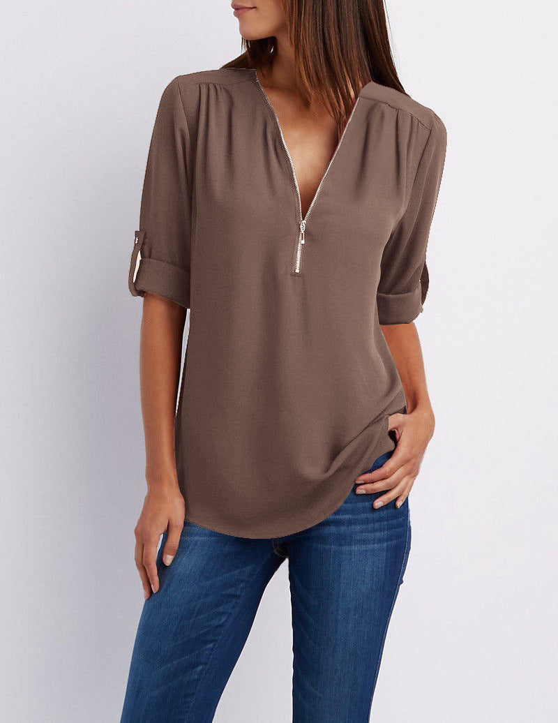 Plus-Size V-Neck Zip-Up Long Sleeve Chiffon Blouse