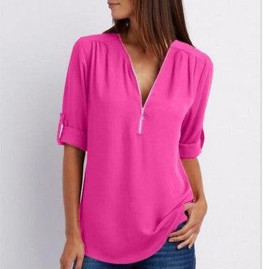 Plus-Size V-Neck Zip-Up Long Sleeve Chiffon Blouse