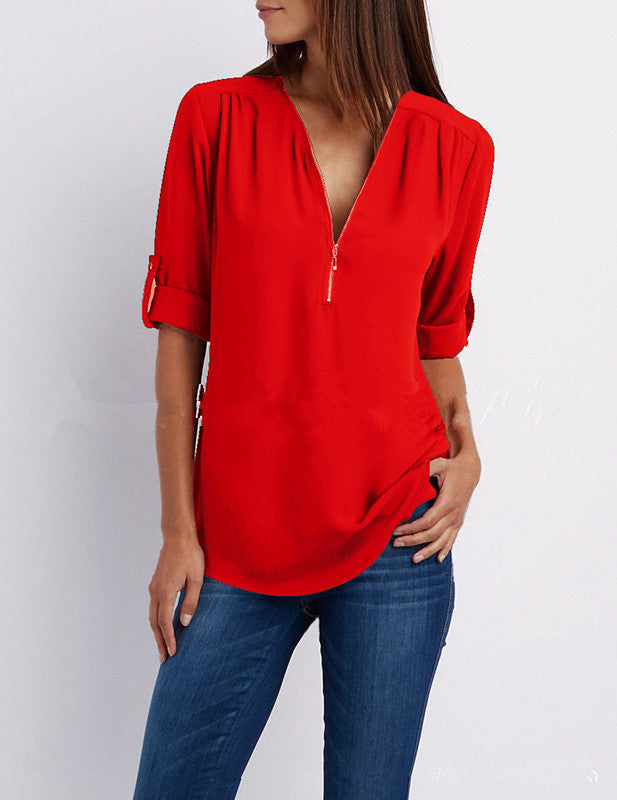Plus-Size V-Neck Zip-Up Long Sleeve Chiffon Blouse