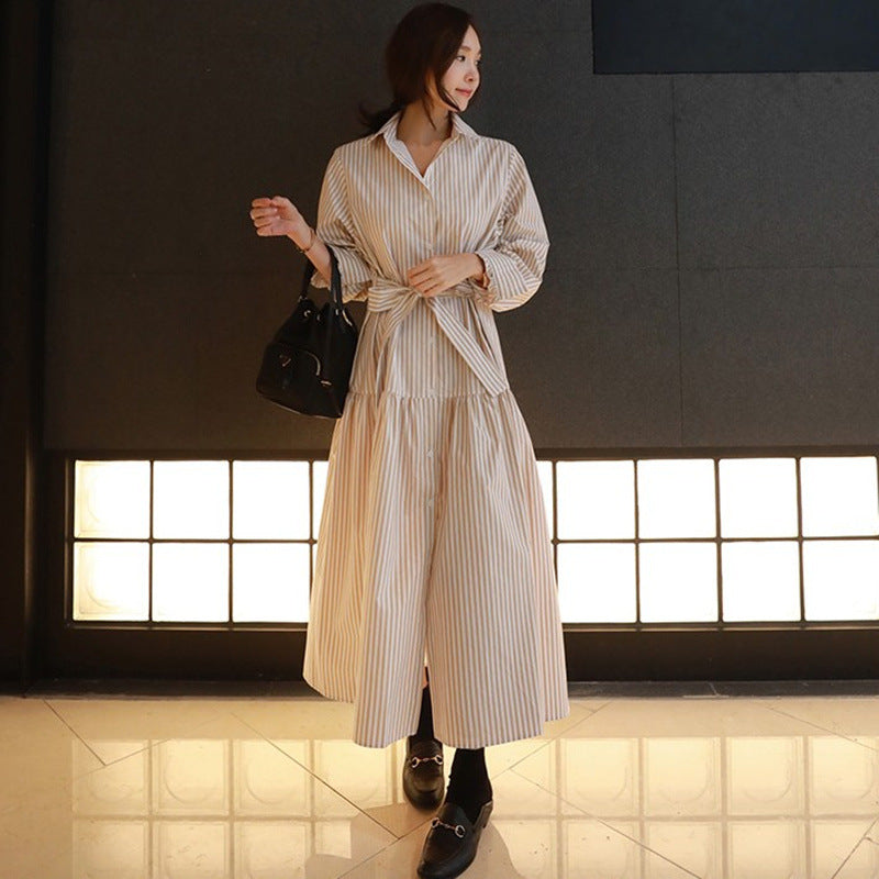 Casual Striped Long Shirt Dresses for Women-Dresses-Khaki-S-Free Shipping at meselling99