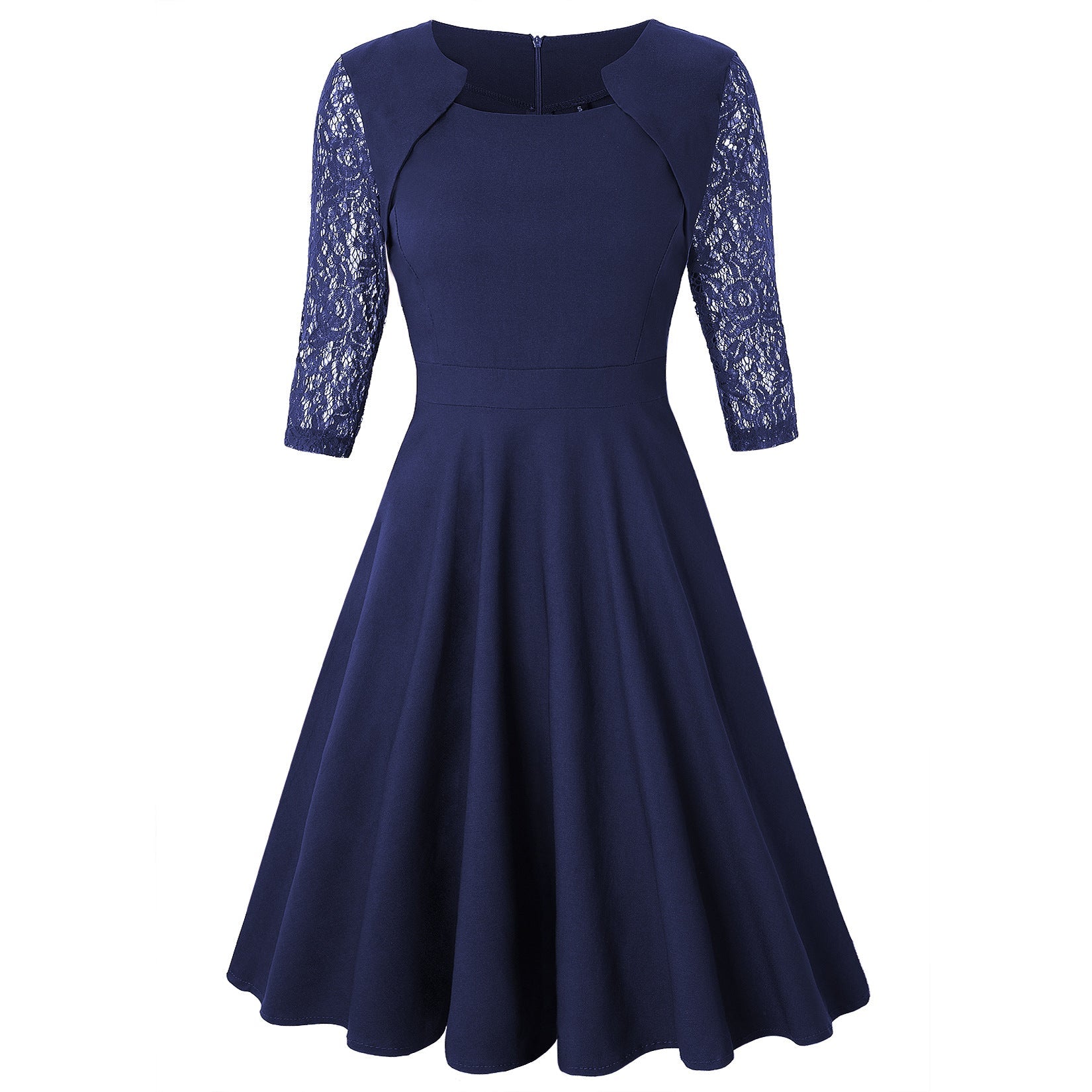 Elegant Vintage Square Neck Lace Short Dresses-Navy Blue-S-Free Shipping at meselling99