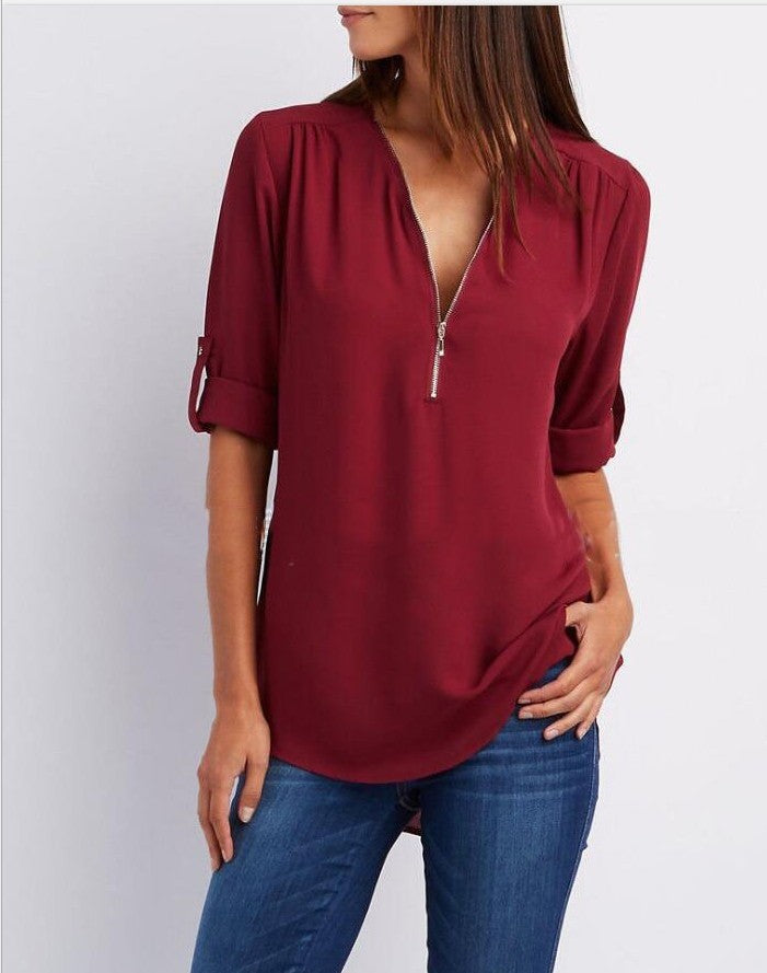 Plus-Size V-Neck Zip-Up Long Sleeve Chiffon Blouse