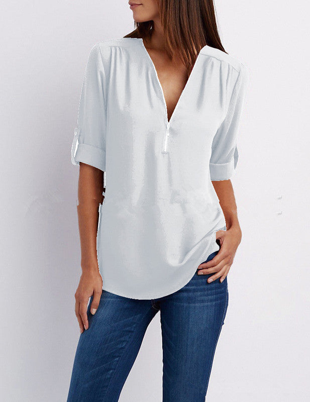 Plus-Size V-Neck Zip-Up Long Sleeve Chiffon Blouse