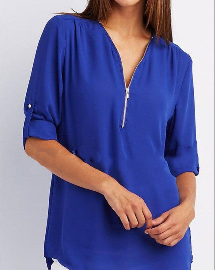 Plus-Size V-Neck Zip-Up Long Sleeve Chiffon Blouse
