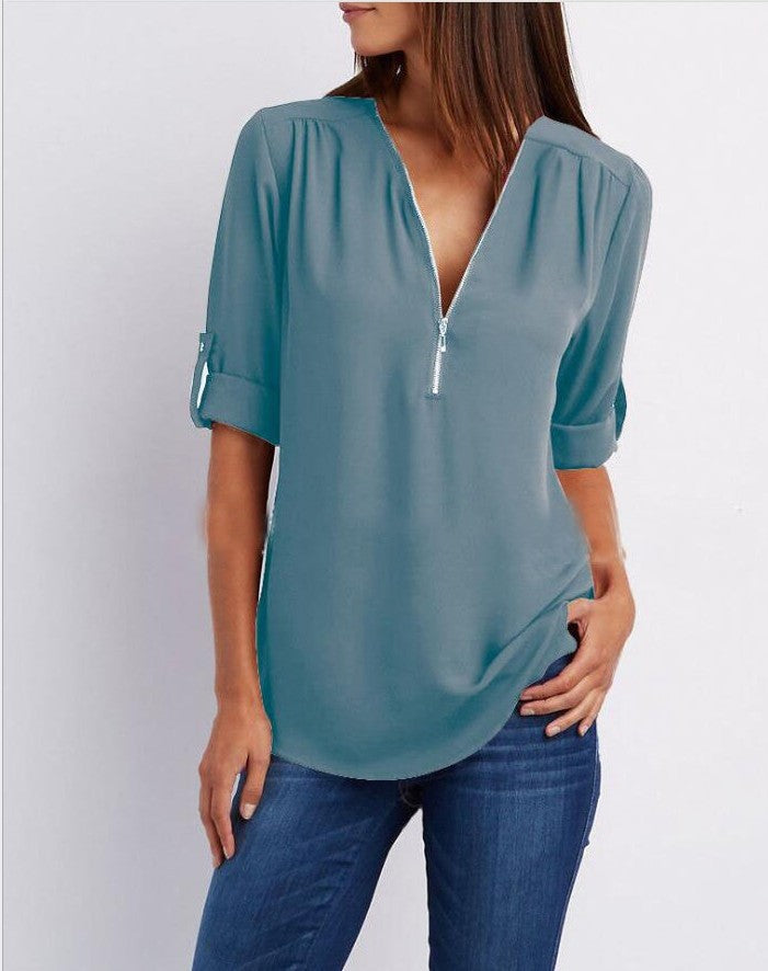 Plus-Size V-Neck Zip-Up Long Sleeve Chiffon Blouse