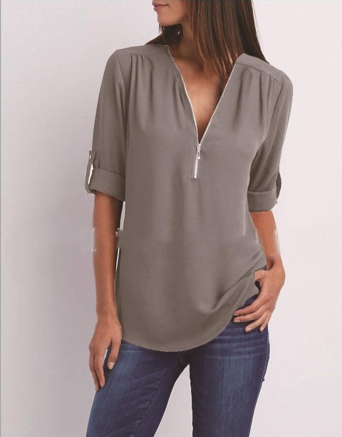 Plus-Size V-Neck Zip-Up Long Sleeve Chiffon Blouse