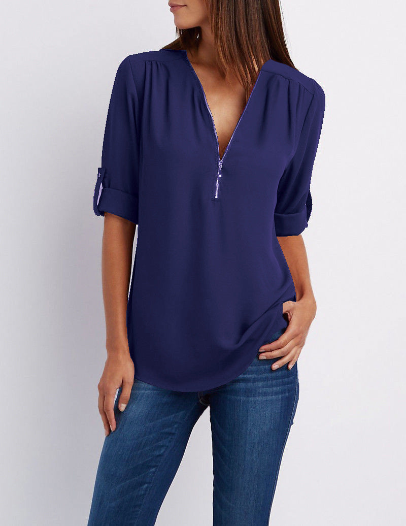 Plus-Size V-Neck Zip-Up Long Sleeve Chiffon Blouse