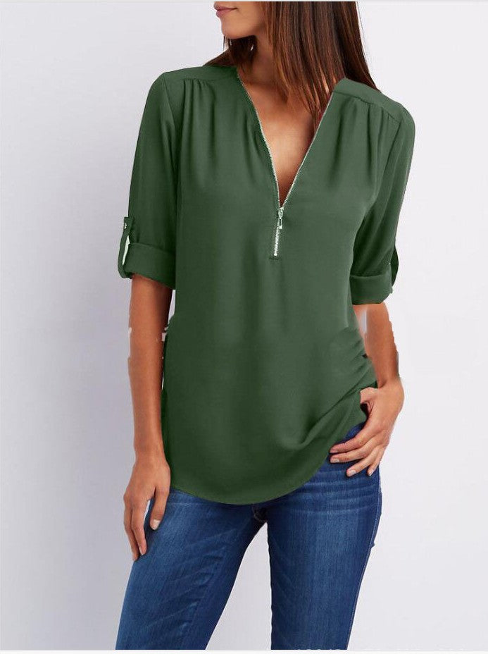 Plus-Size V-Neck Zip-Up Long Sleeve Chiffon Blouse