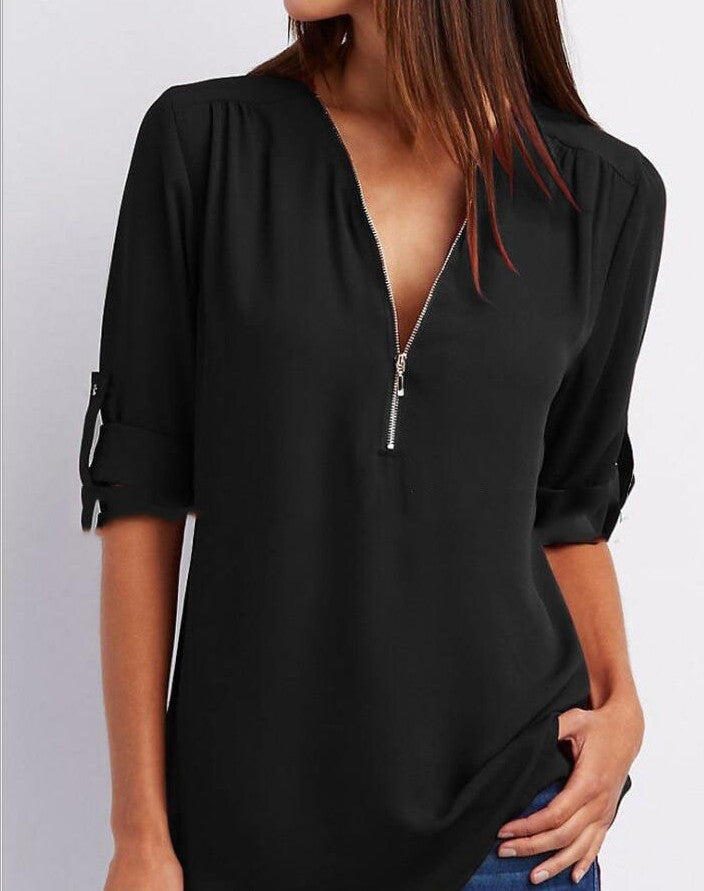 Plus-Size V-Neck Zip-Up Long Sleeve Chiffon Blouse