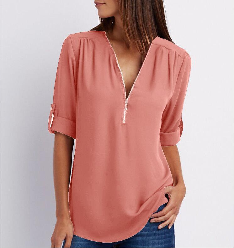 Plus-Size V-Neck Zip-Up Long Sleeve Chiffon Blouse