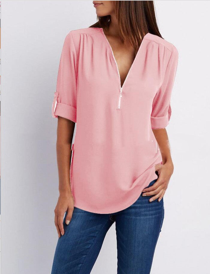Plus-Size V-Neck Zip-Up Long Sleeve Chiffon Blouse