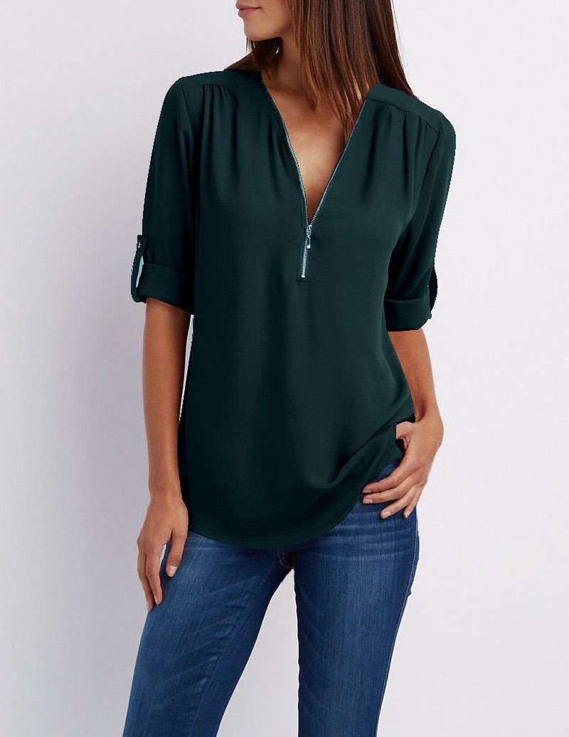 Plus-Size V-Neck Zip-Up Long Sleeve Chiffon Blouse